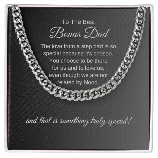 To The Best Bonus Dad Gift, Gold or Stainless Steel Cuban Chain with Heartfelt Message Card