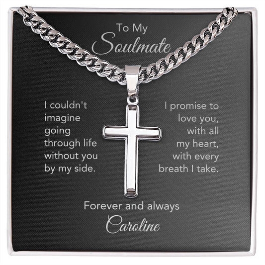 To My Soulmate Gift, Cuban Chain with Custom Engraved Cross and Heartfelt Personalized Message Card, Gifts for Him