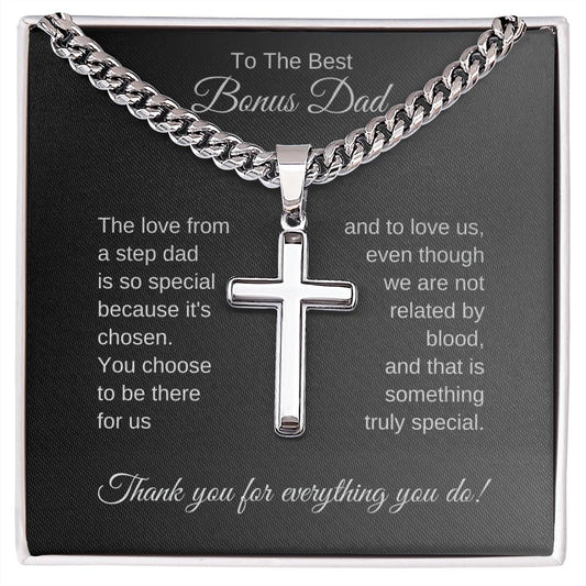 To The Best Bonus Dad Gift, Custom Engraved Cross on Cuban Chain Necklace with Heartfelt Message card