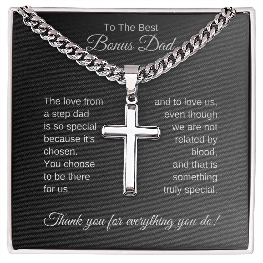 To The Best Bonus Dad Gift, Cuban Chain With Cross and Heartfelt Message card