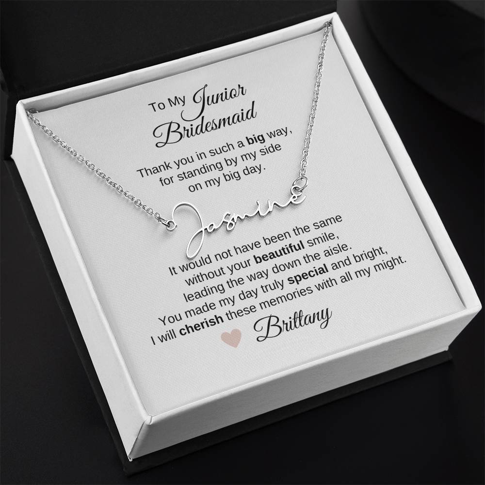 Junior Bridesmaid Gifts Wedding Bridal Party Gifts Script Custom Name Necklace - MKT Custom Jewelry