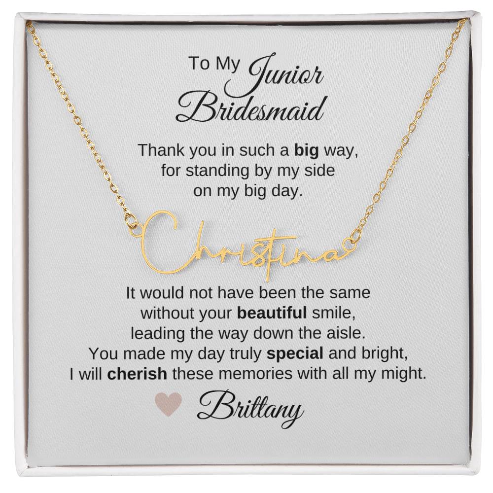 Junior Bridesmaid Gifts Wedding Bridal Party Gifts Script Custom Name Necklace - MKT Custom Jewelry