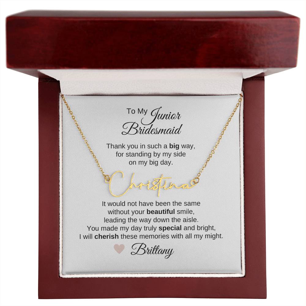 Junior Bridesmaid Gifts Wedding Bridal Party Gifts Script Custom Name Necklace - MKT Custom Jewelry