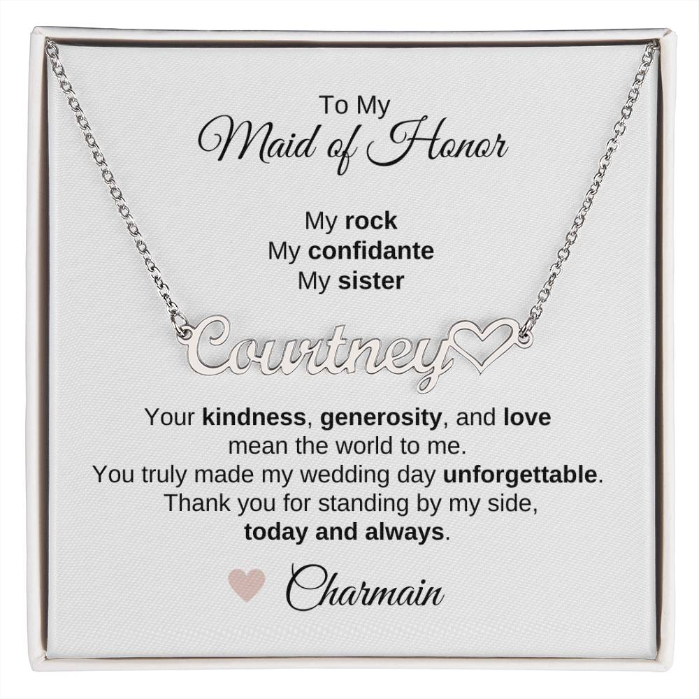 Maid of Honor Wedding Day Gifts Bridal Party Gifts Heart Name Necklace