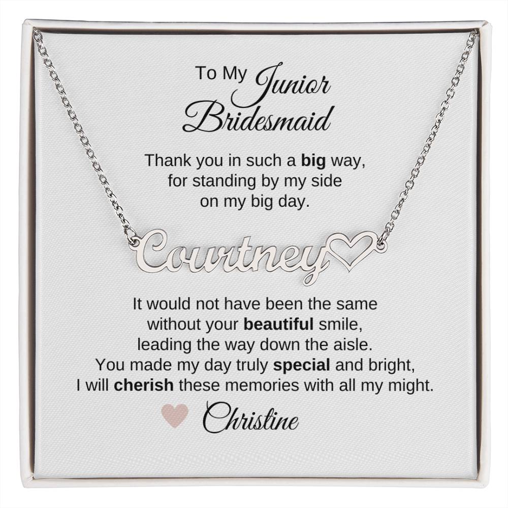 Junior Bridesmaid Gifts Wedding Bridal Party Gifts Custom Name Heart Necklace - MKT Custom Jewelry