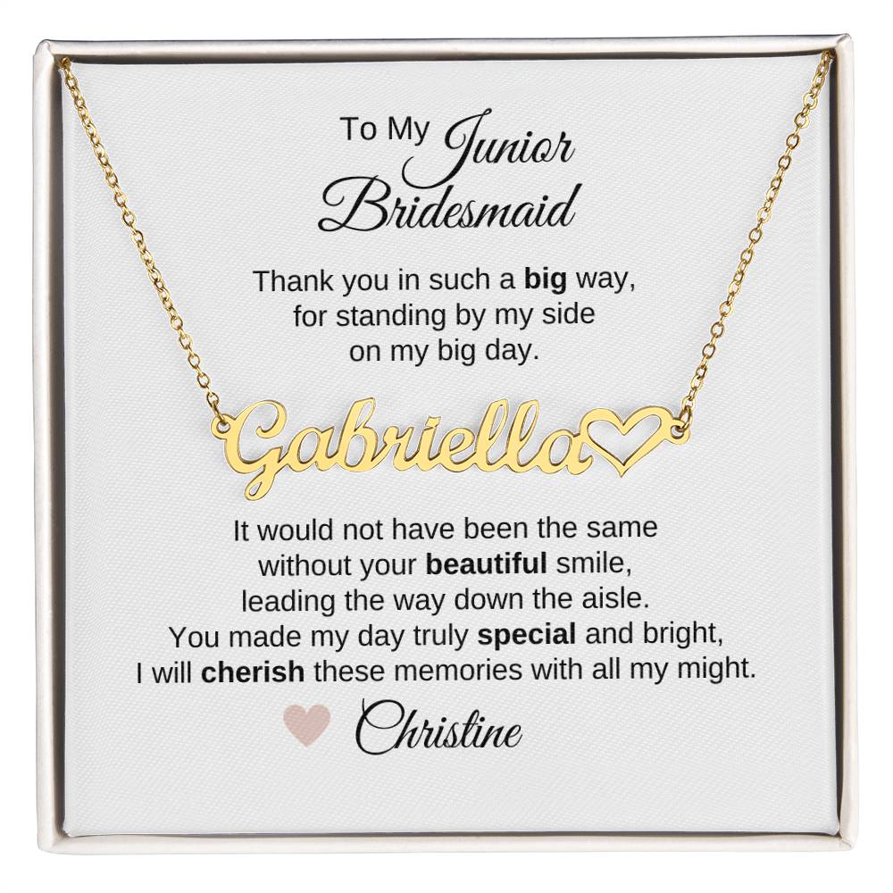 Junior Bridesmaid Gifts Wedding Bridal Party Gifts Custom Name Heart Necklace - MKT Custom Jewelry