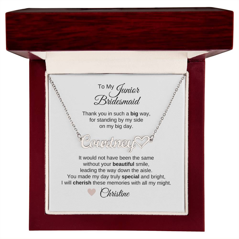 Junior Bridesmaid Gifts Wedding Bridal Party Gifts Custom Name Heart Necklace - MKT Custom Jewelry