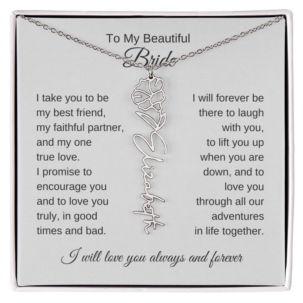 To My Beautiful Bride Gift To Bride From Groom Wedding Gift Flower Name Necklace