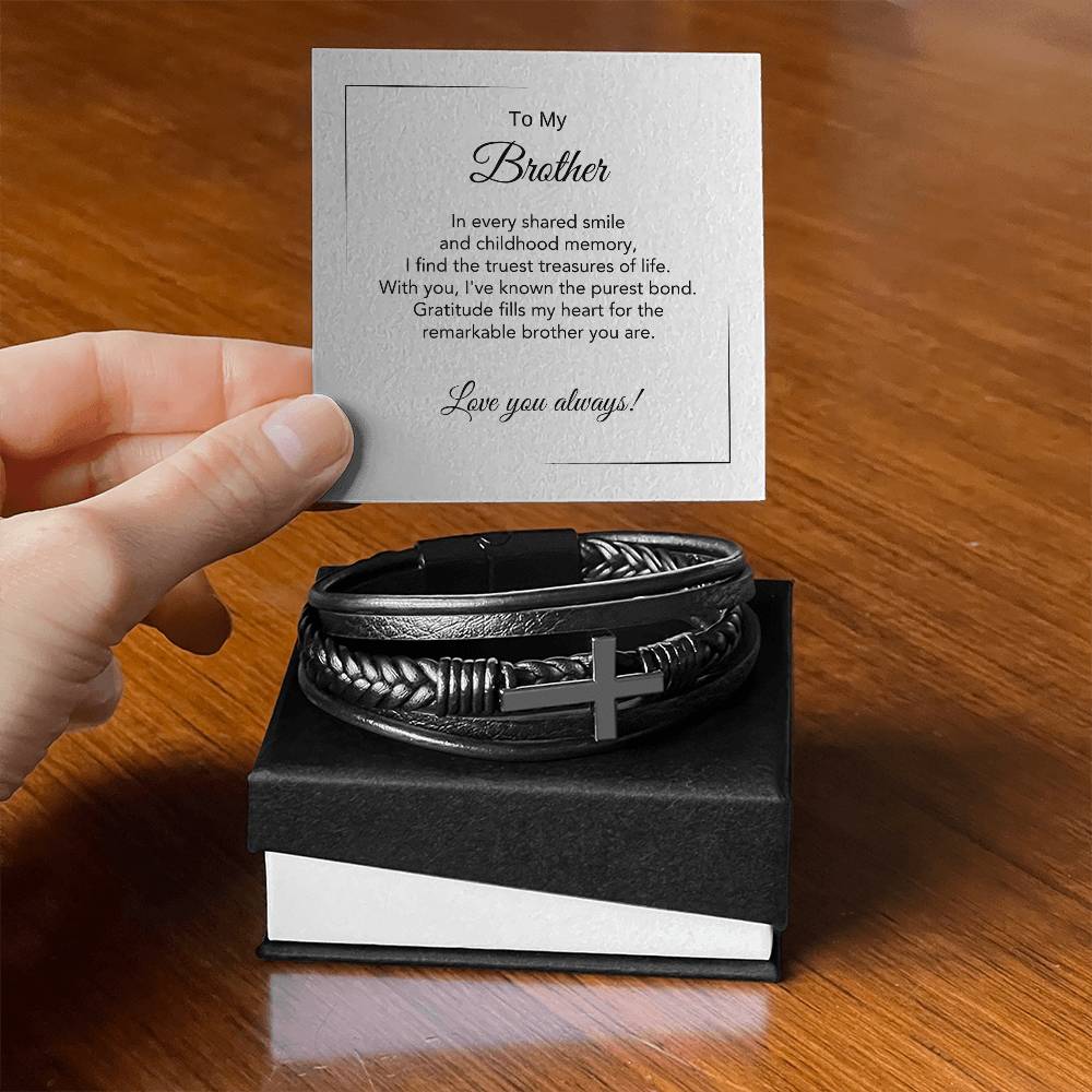 Bracelet gift for brother with thoughtful message card, black cross vegan leather bracelet for men