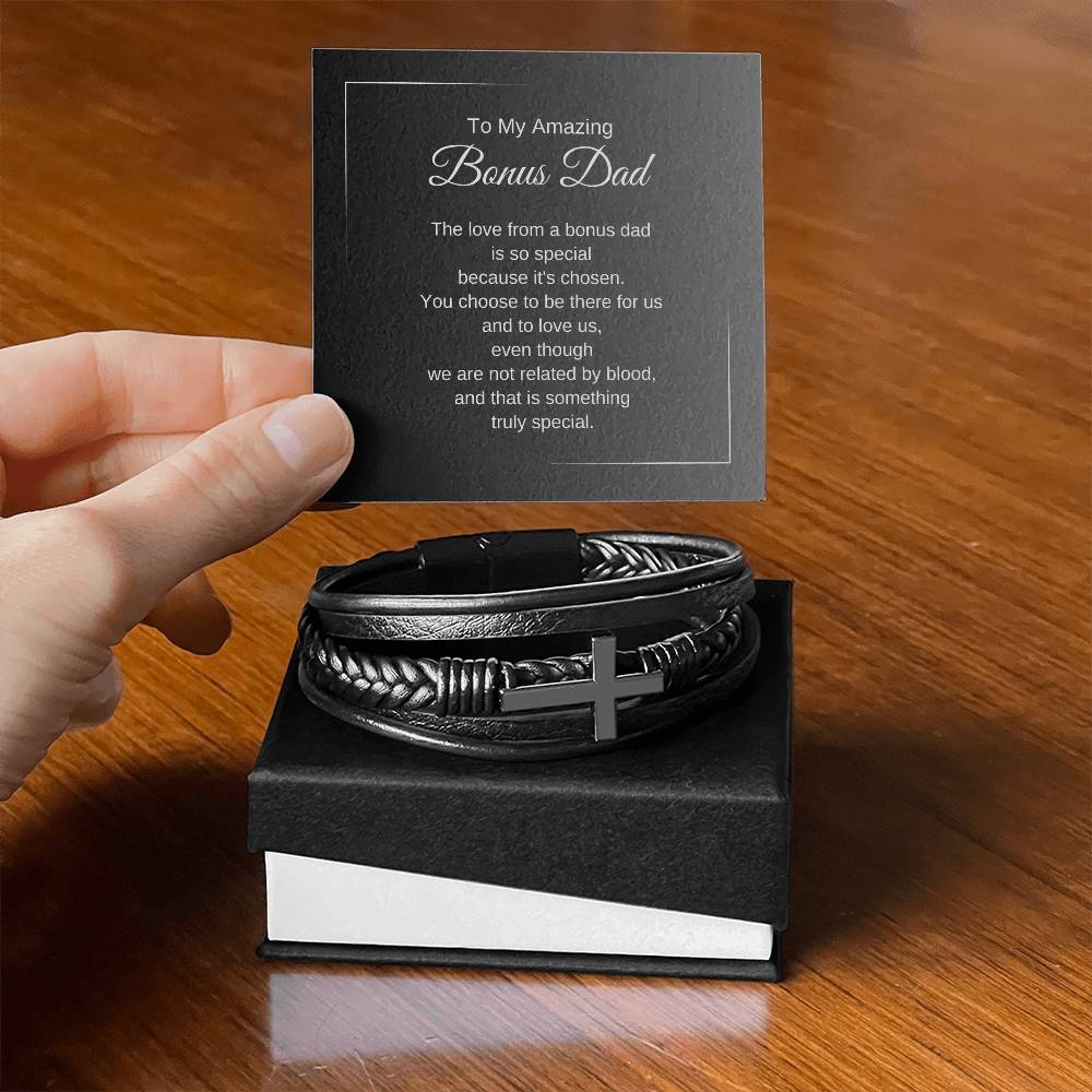 To My Amazing Bonus Dad Gift, Leather Cross Bracelet with Heartfelt Message Card