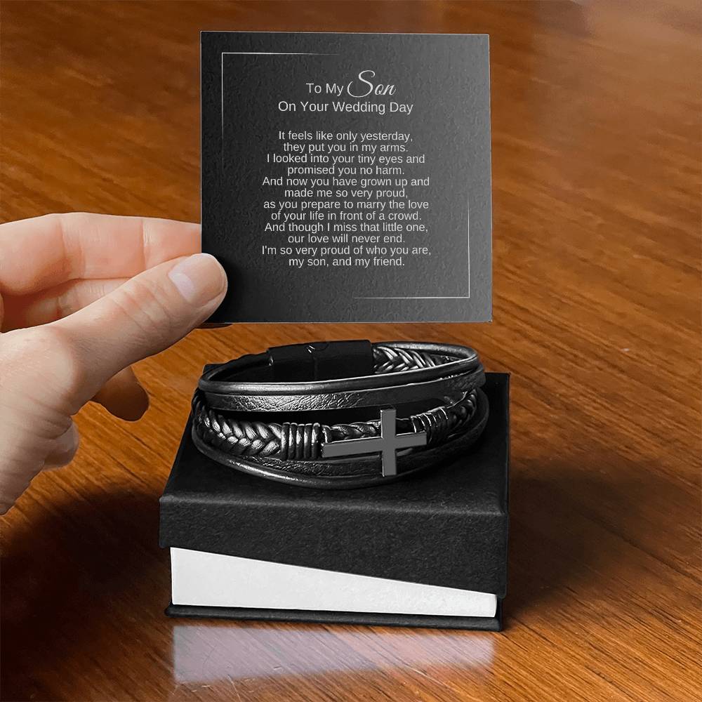 To My Son on Your Wedding Day, Leather Cross Bracelet, Gifts for Son on Wedding Day