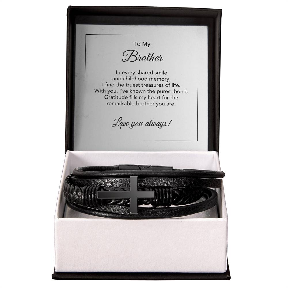 Bracelet gift for brother with thoughtful message card, black cross vegan leather bracelet for men