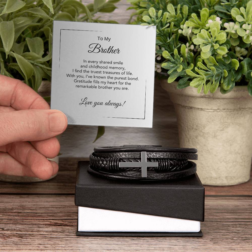 Bracelet gift for brother with thoughtful message card, black cross vegan leather bracelet for men
