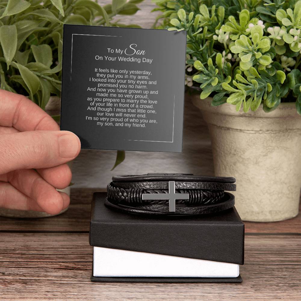 To My Son on Your Wedding Day, Leather Cross Bracelet, Gifts for Son on Wedding Day