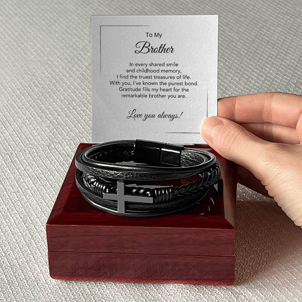 Bracelet gift for brother with thoughtful message card, black cross vegan leather bracelet for men