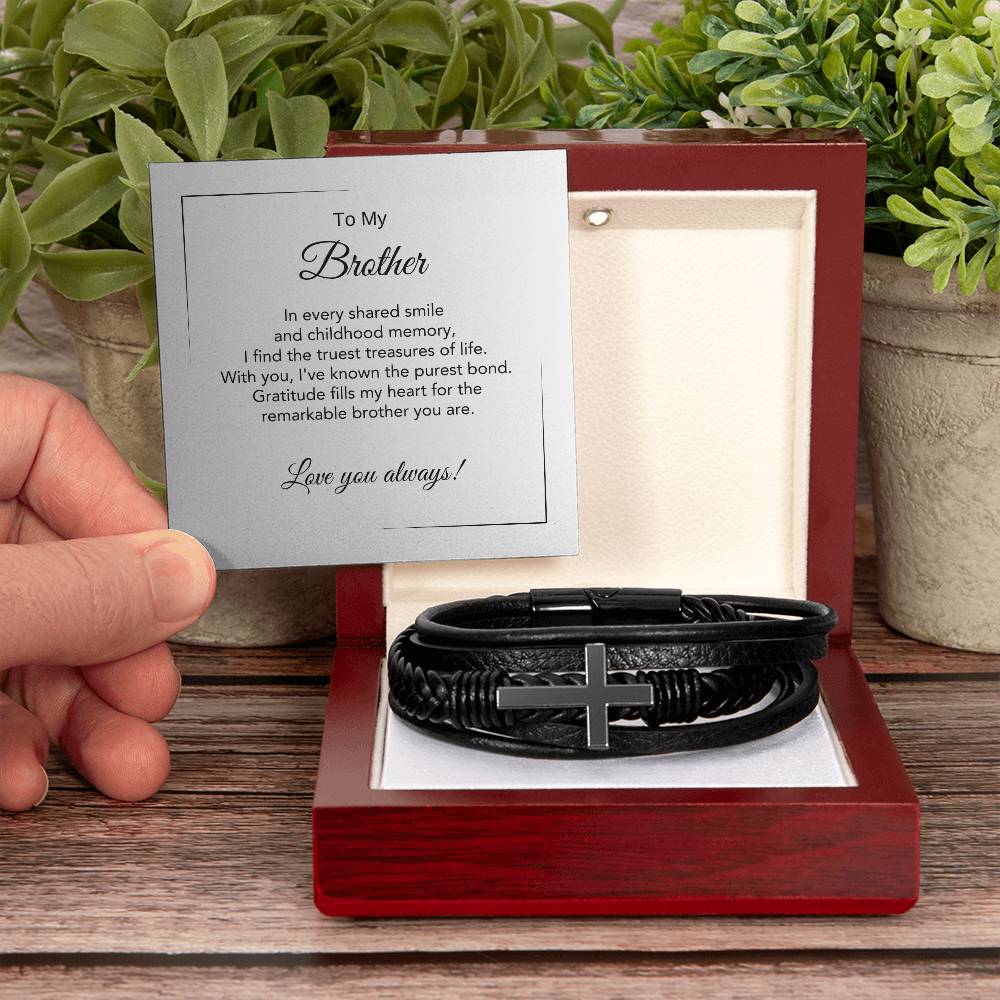 Bracelet gift for brother with thoughtful message card, black cross vegan leather bracelet for men
