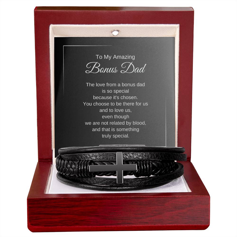 To My Amazing Bonus Dad Gift, Leather Cross Bracelet with Heartfelt Message Card