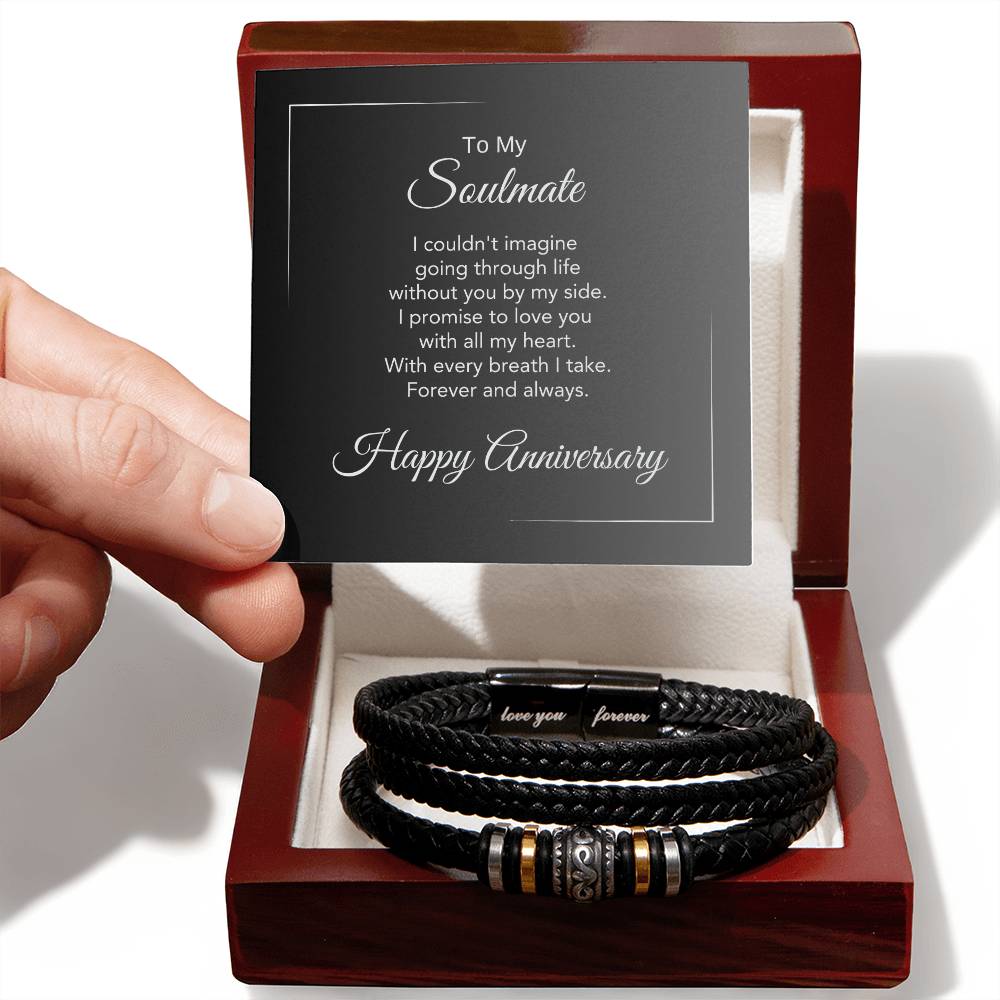 To My Soulmate Anniversary Gift for Him Engraved Love You Forever Vegan Leather Bracelet for Men - MKTCustomDesigns