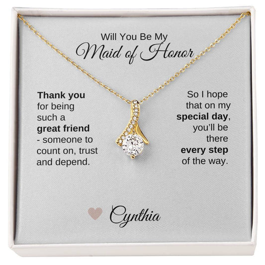 Will You Be My Maid of Honor Proposal Gift Gold Ribbon Necklace