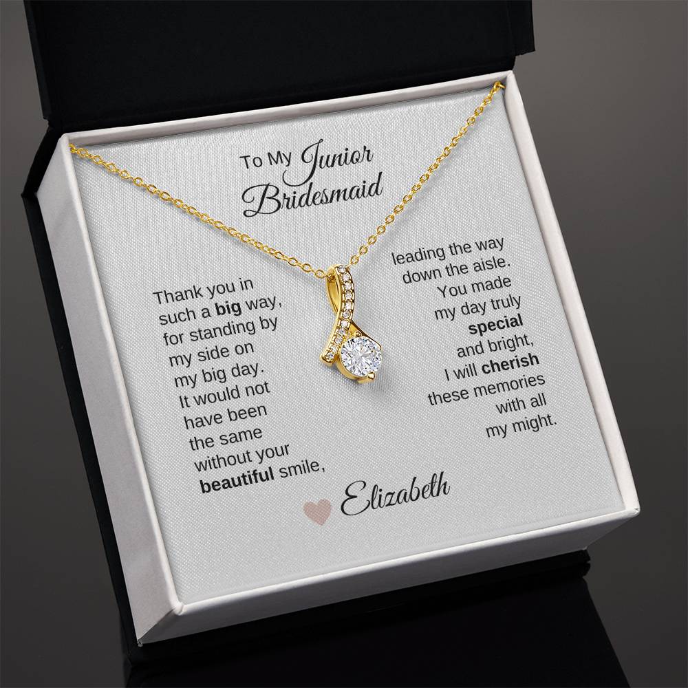 Junior Bridesmaid Gifts Wedding Bridal Party Gifts Gold Ribbon Necklace - MKT Custom Jewelry