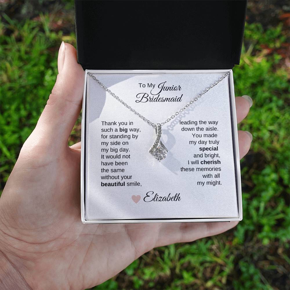 Junior Bridesmaid Gifts Wedding Bridal Party Gifts Gold Ribbon Necklace - MKT Custom Jewelry