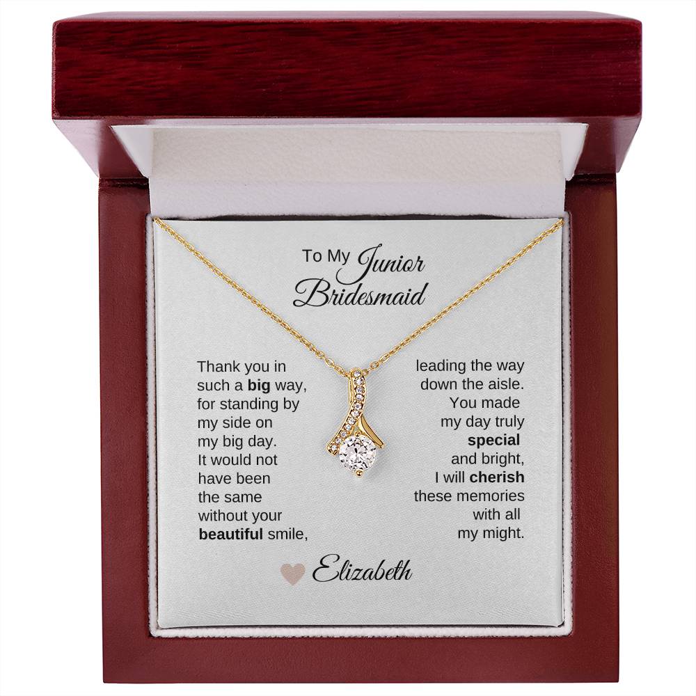 Junior Bridesmaid Gifts Wedding Bridal Party Gifts Gold Ribbon Necklace - MKT Custom Jewelry