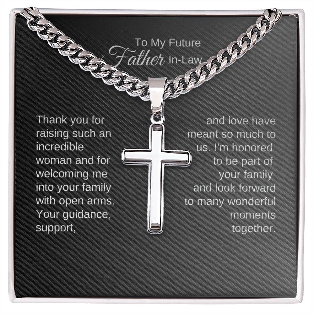 Father of the Bride Gifts from Groom, Future Father-In-Law, Engraved Cross Cuban Chain Necklace