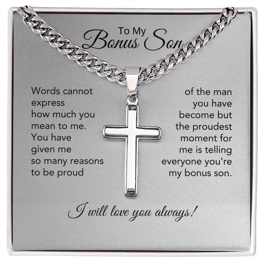 Bonus Son Gifts for Stepson Gift for Step Son Gifts Engraved Cross on Chain - MKT Custom Jewelry