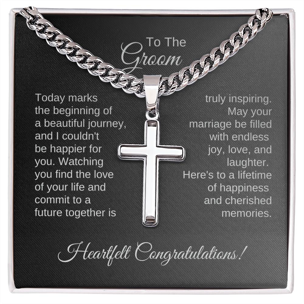 Friend Wedding Gift for the Groom, Cuban Chain with Engraved Cross Necklace