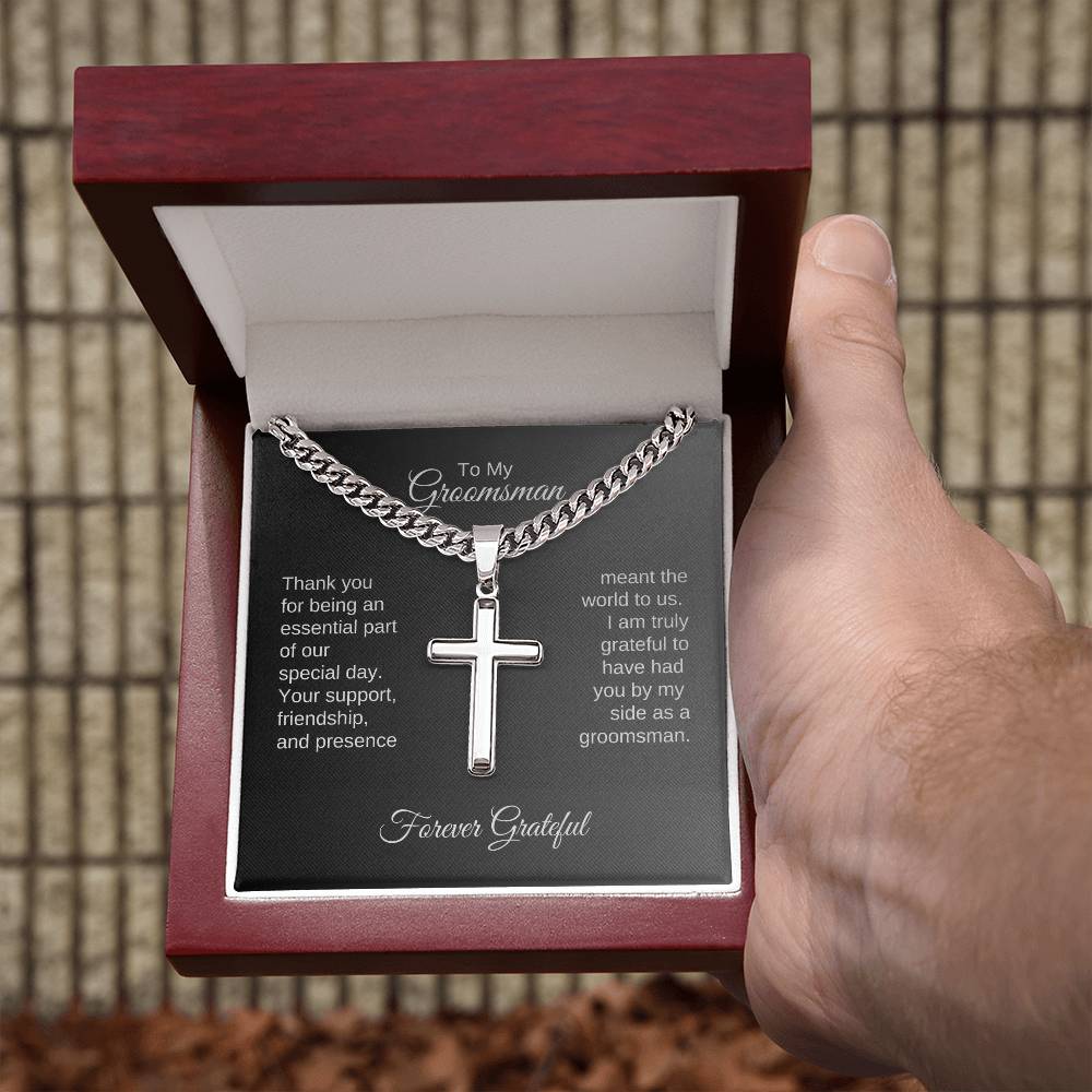 Groomsmen Thank You Gifts, Presents for Best Man and Groomsmen, Engraved Cross Cuban Chain Necklace