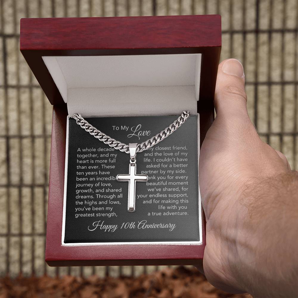 10th Anniversary Gifts for Men 10 Year Anniversary Gift Ideas for Him, Engraved Cross Necklace