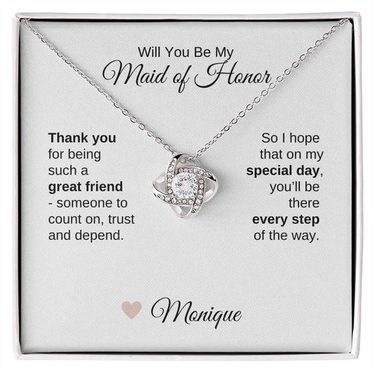 Will You Be My Maid of Honor Proposal Gift Gold Love Knot Necklace