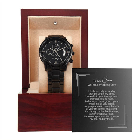 Gift for son on wedding day, black chronograph watch with thoughtful message card