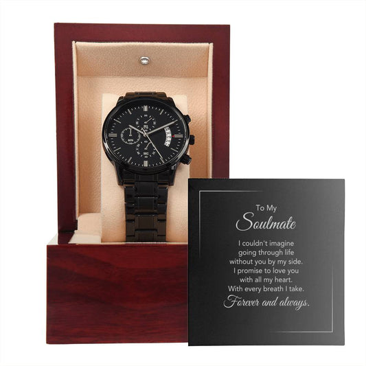 To My Soulmate Gift, Men's Sleek Black Watch with Heartfelt Message Card, Gifts for Him