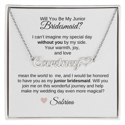 Junior Bridesmaid Proposal Gift, Heart Name Necklace, Jr Bridesmaid Gift