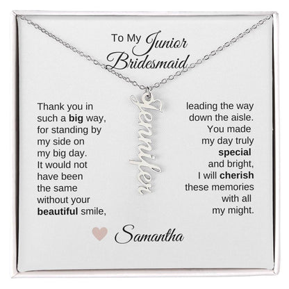 Junior Bridesmaid Gifts Wedding Bridal Party Gifts Custom Name Dangle Necklace - MKT Custom Jewelry