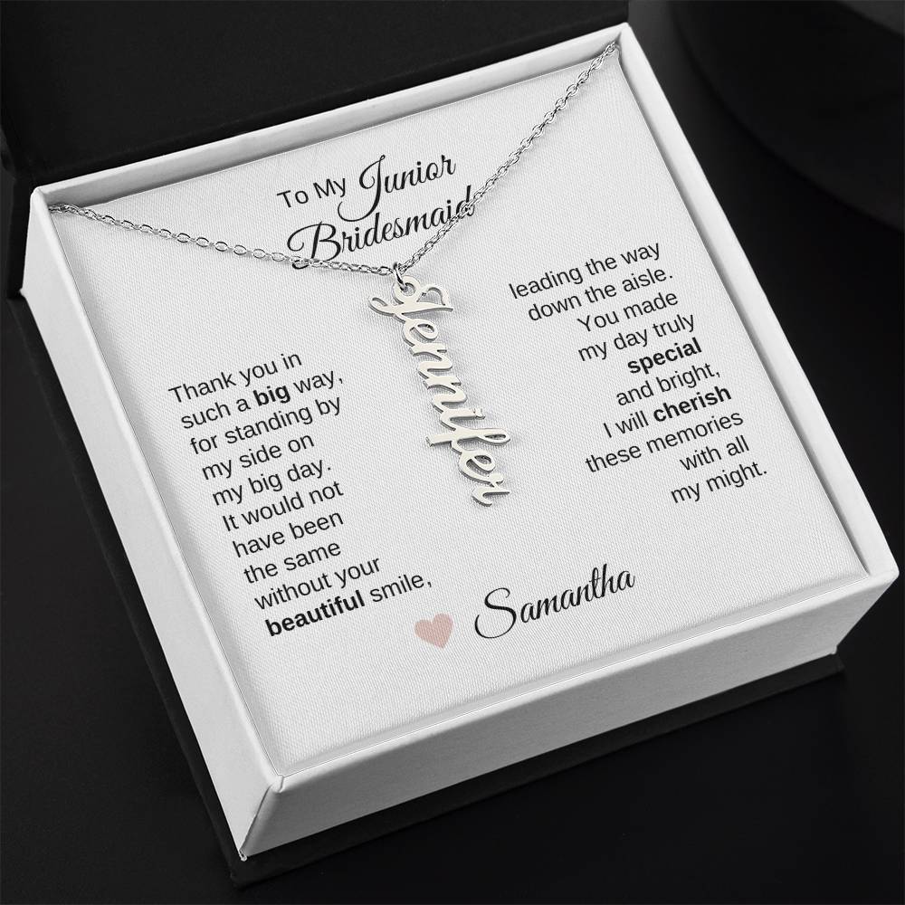 Junior Bridesmaid Gifts Wedding Bridal Party Gifts Custom Name Dangle Necklace - MKT Custom Jewelry