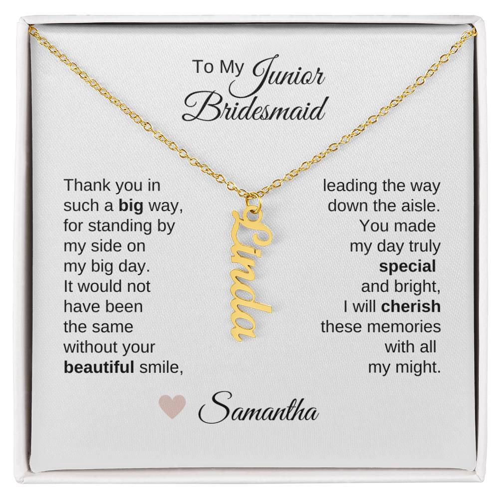 Junior Bridesmaid Gifts Wedding Bridal Party Gifts Custom Name Dangle Necklace - MKT Custom Jewelry