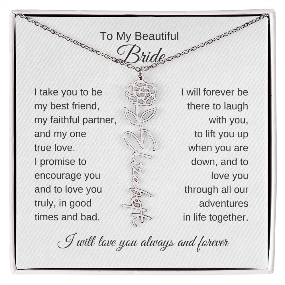 To My Beautiful Bride Gift To Bride From Groom Wedding Gift Flower Name Necklace