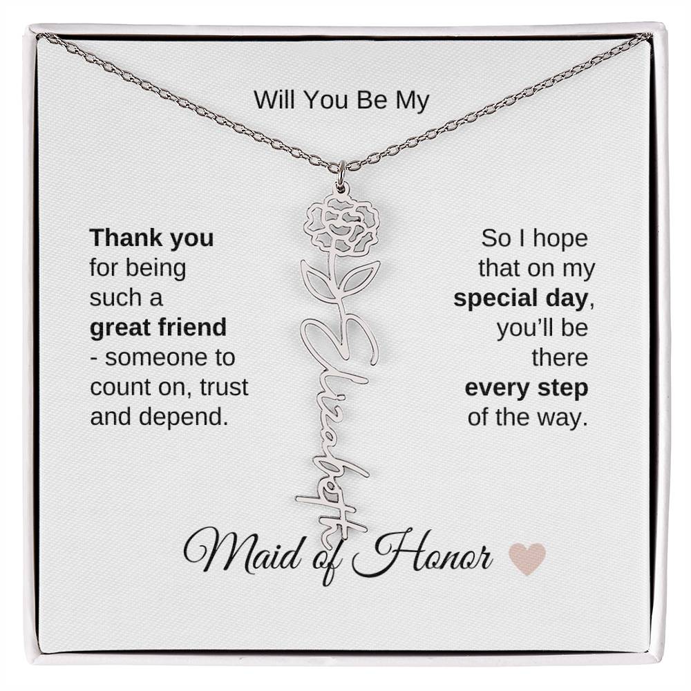 Will You Be My Maid of Honor Proposal Gift Birth Flower Name Necklace