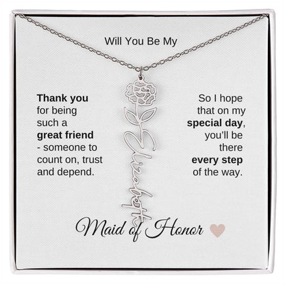 Will You Be My Maid of Honor Proposal Gift Birth Flower Name Necklace