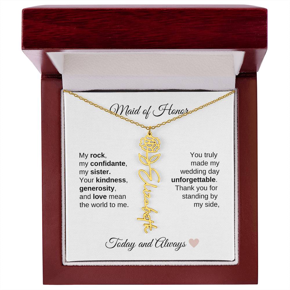 Maid of Honor Wedding Day Gifts Bridal Party Gifts Birth Flower Name Necklace