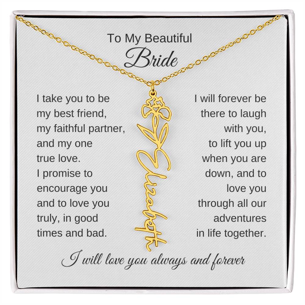 To My Beautiful Bride Gift To Bride From Groom Wedding Gift Flower Name Necklace