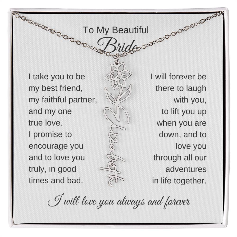 To My Beautiful Bride Gift To Bride From Groom Wedding Gift Flower Name Necklace