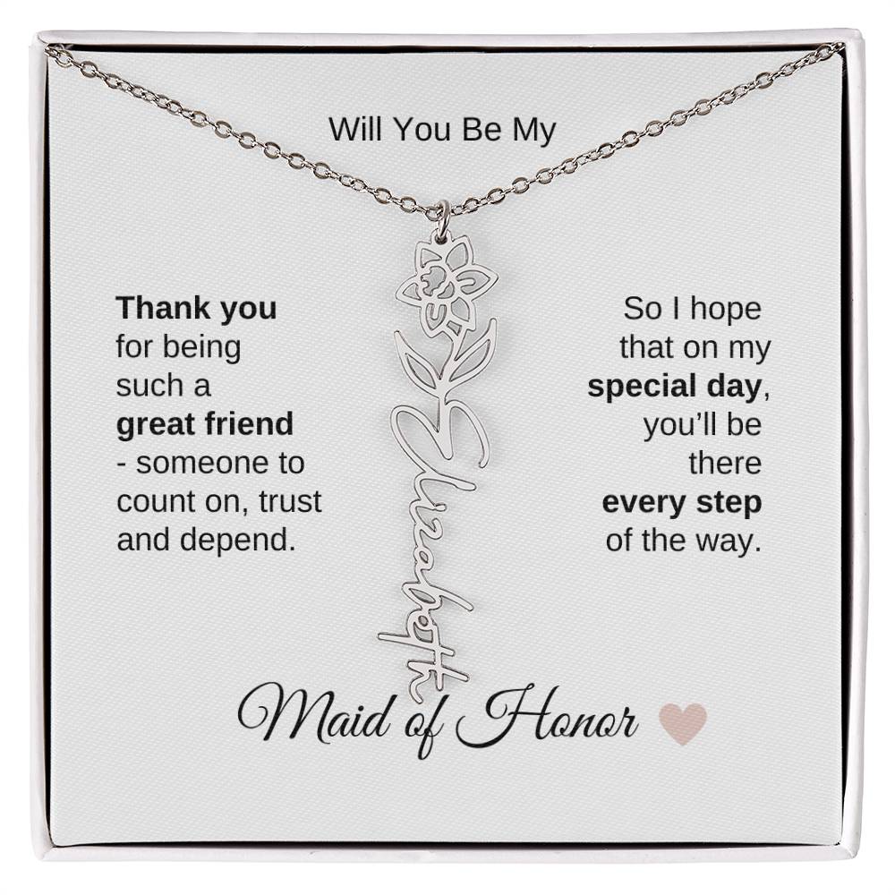 Will You Be My Maid of Honor Proposal Gift Birth Flower Name Necklace