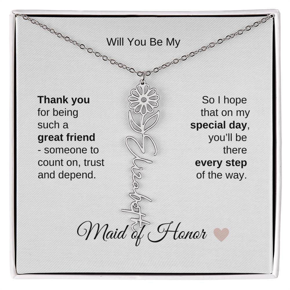 Will You Be My Maid of Honor Proposal Gift Birth Flower Name Necklace