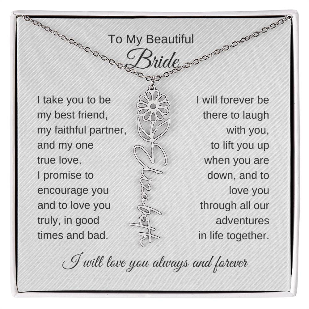 To My Beautiful Bride Gift To Bride From Groom Wedding Gift Flower Name Necklace