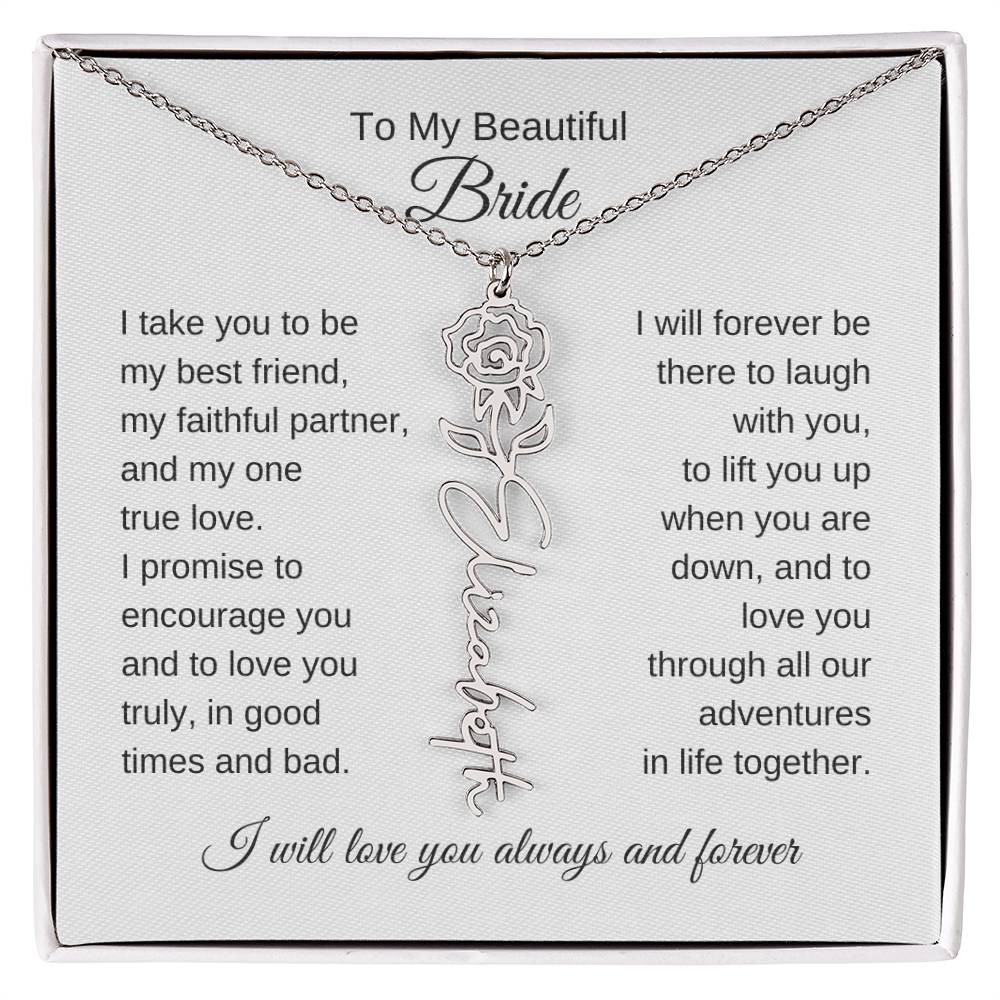 To My Beautiful Bride Gift To Bride From Groom Wedding Gift Flower Name Necklace