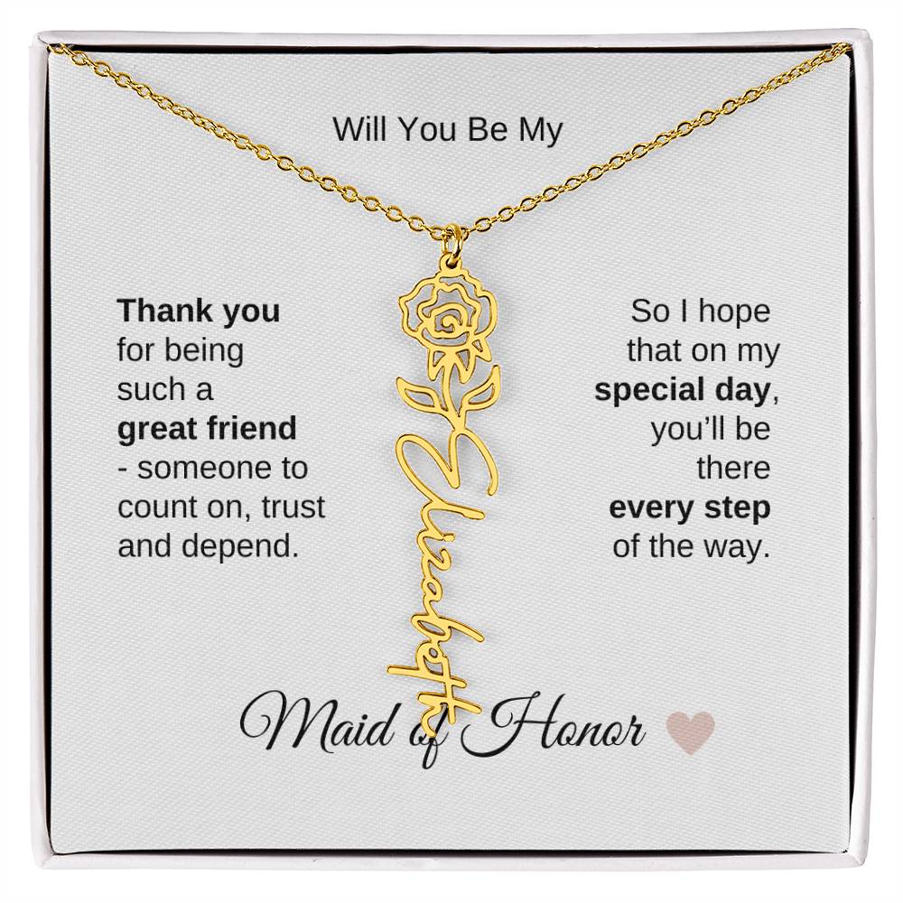 Will You Be My Maid of Honor Proposal Gift Birth Flower Name Necklace