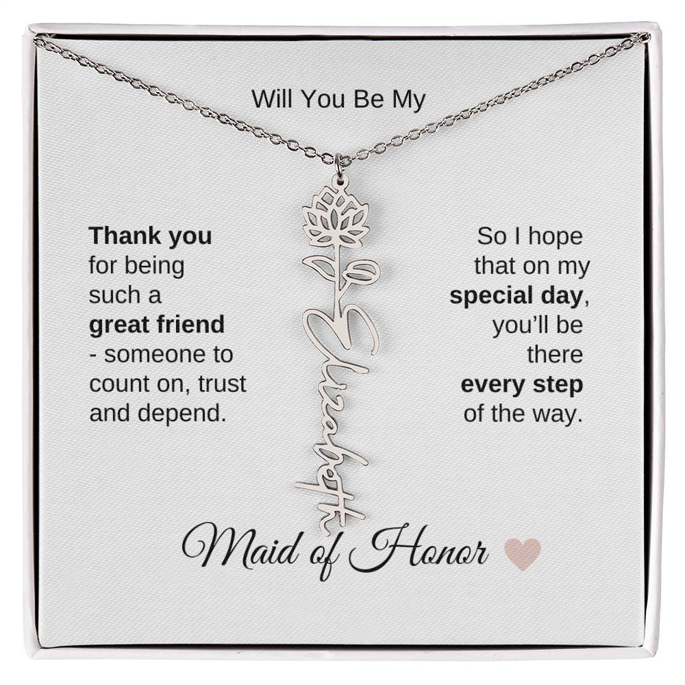 Will You Be My Maid of Honor Proposal Gift Birth Flower Name Necklace